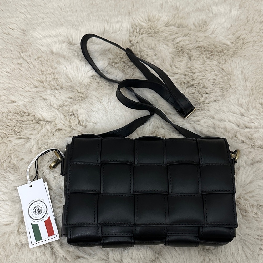Woven Black Leather Crossbody Bag - Women